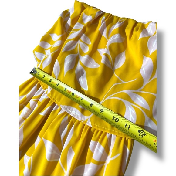 Tyche Bright Yellow with White Leaf Pattern Cinched Waist Strapless Maxi Dress - Picture 11 of 16